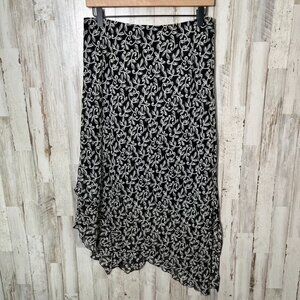 Vintage 90s Floral Black Cream Asymmetrical Midi Skirt Womens Size‎ 8/Medium